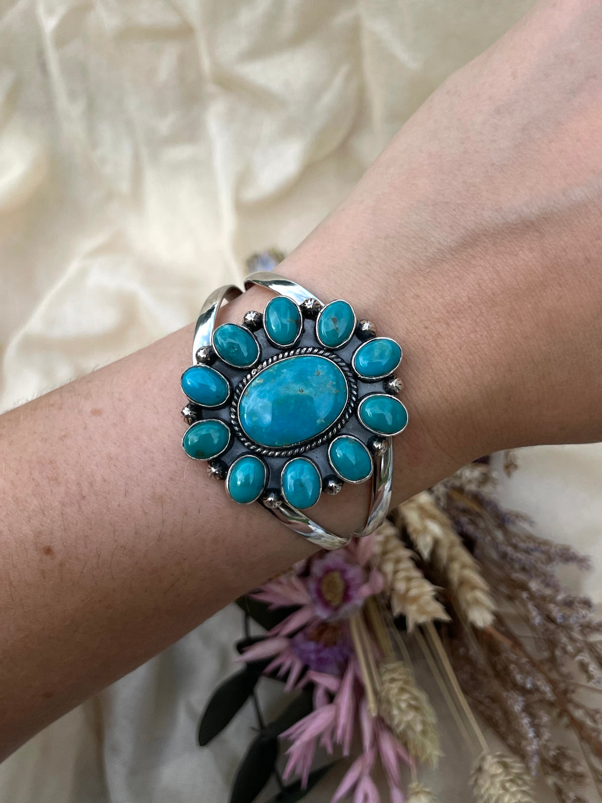 Turquoise Cluster Cuff Bracelet | 925 Sterling Silver D275