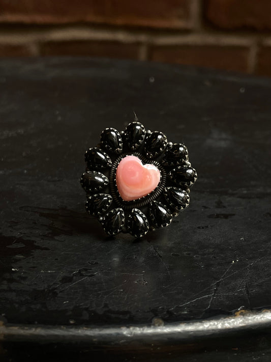 Pink Conch Heart Black Onyx Cluster Ring Size 9 | 925 Sterling Silver E110