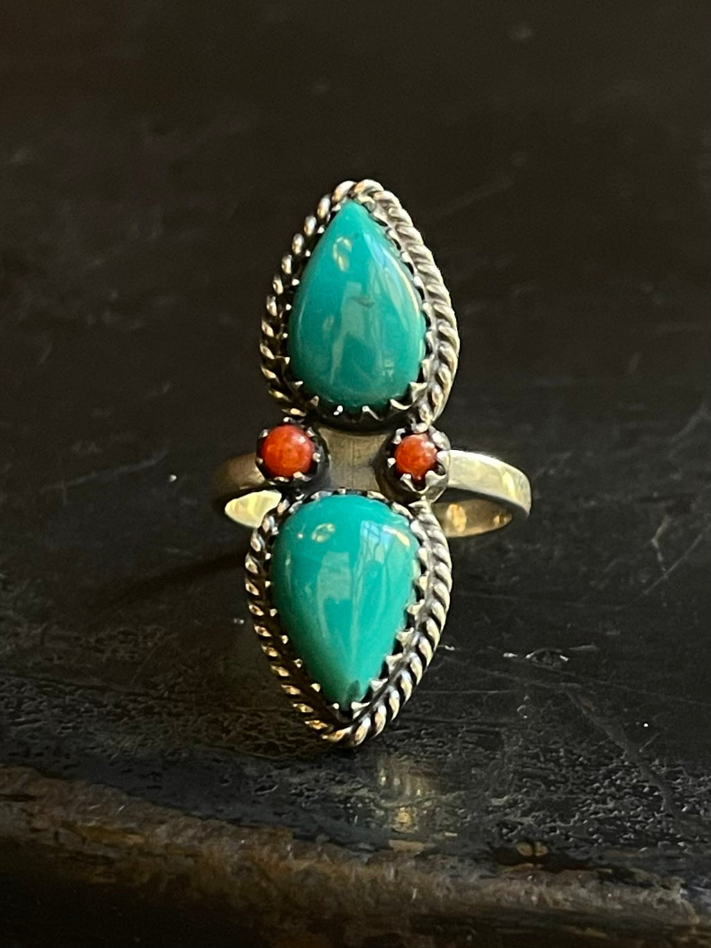 Turquoise & Coral Tear Drop Ring Size 6 | Sterling Silver E876