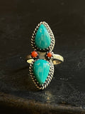 Turquoise & Coral Tear Drop Ring Size 6 | Sterling Silver E876