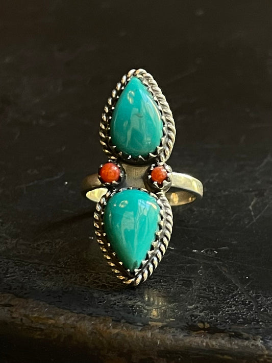 Turquoise & Coral Tear Drop Ring Size 6 | Sterling Silver E876