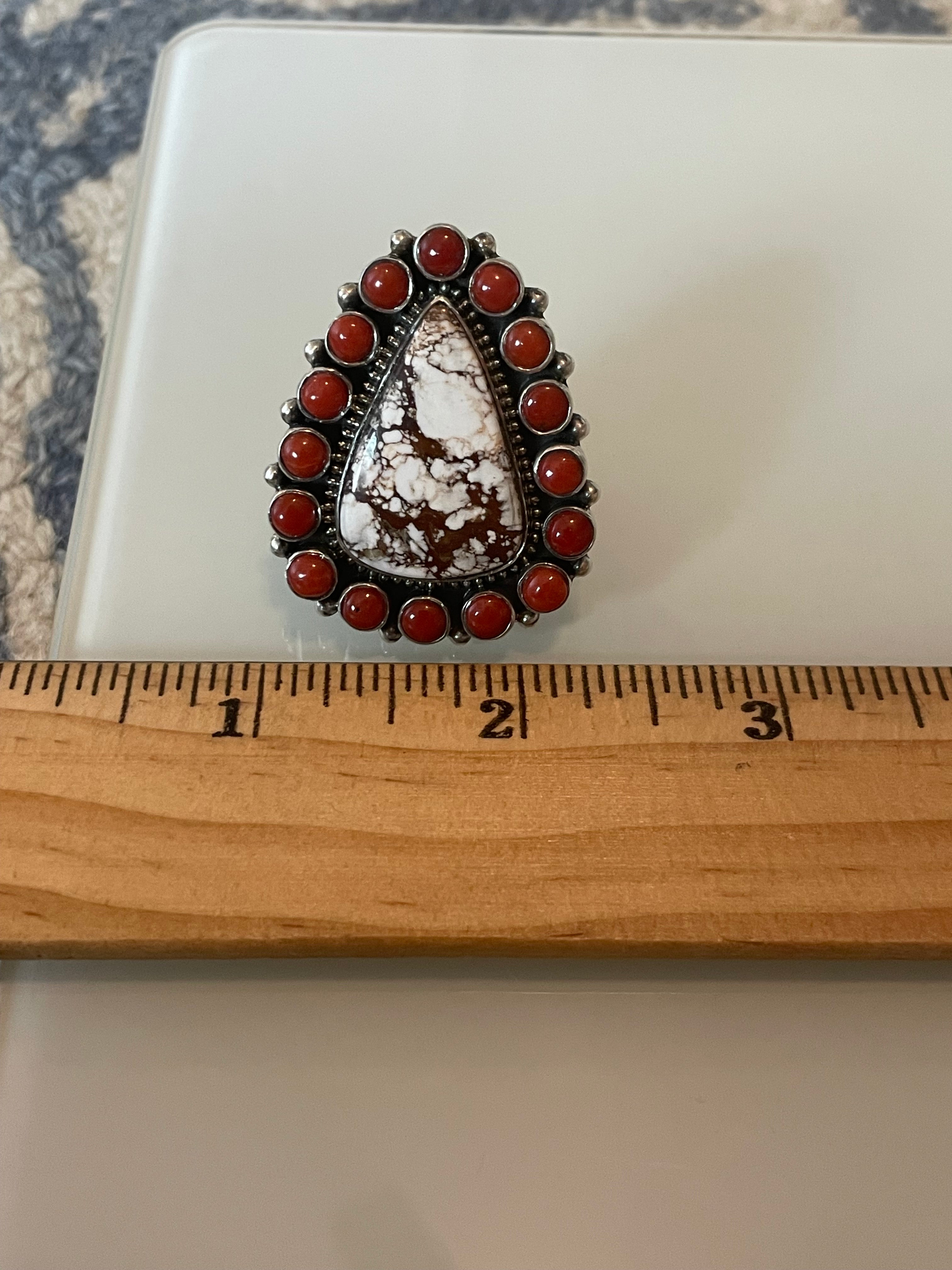 Italian Coral & Wild Horse Ring Size 6.75 | 925 Sterling Silver G190