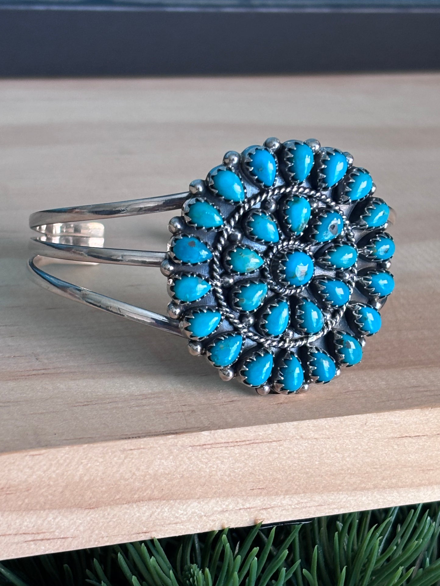 Kingman Turquoise Cluster Cuff Bracelet | 925 Sterling Silver