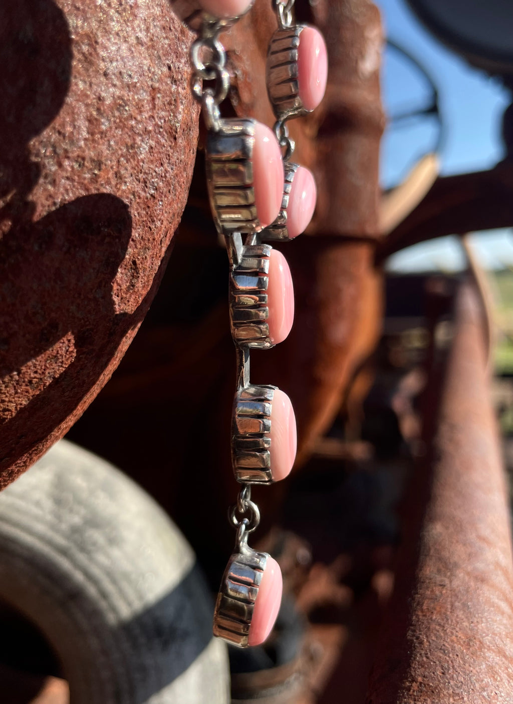 Pink Conch Lariat Necklace | Teardrop Station Drop | 925 Silver E553