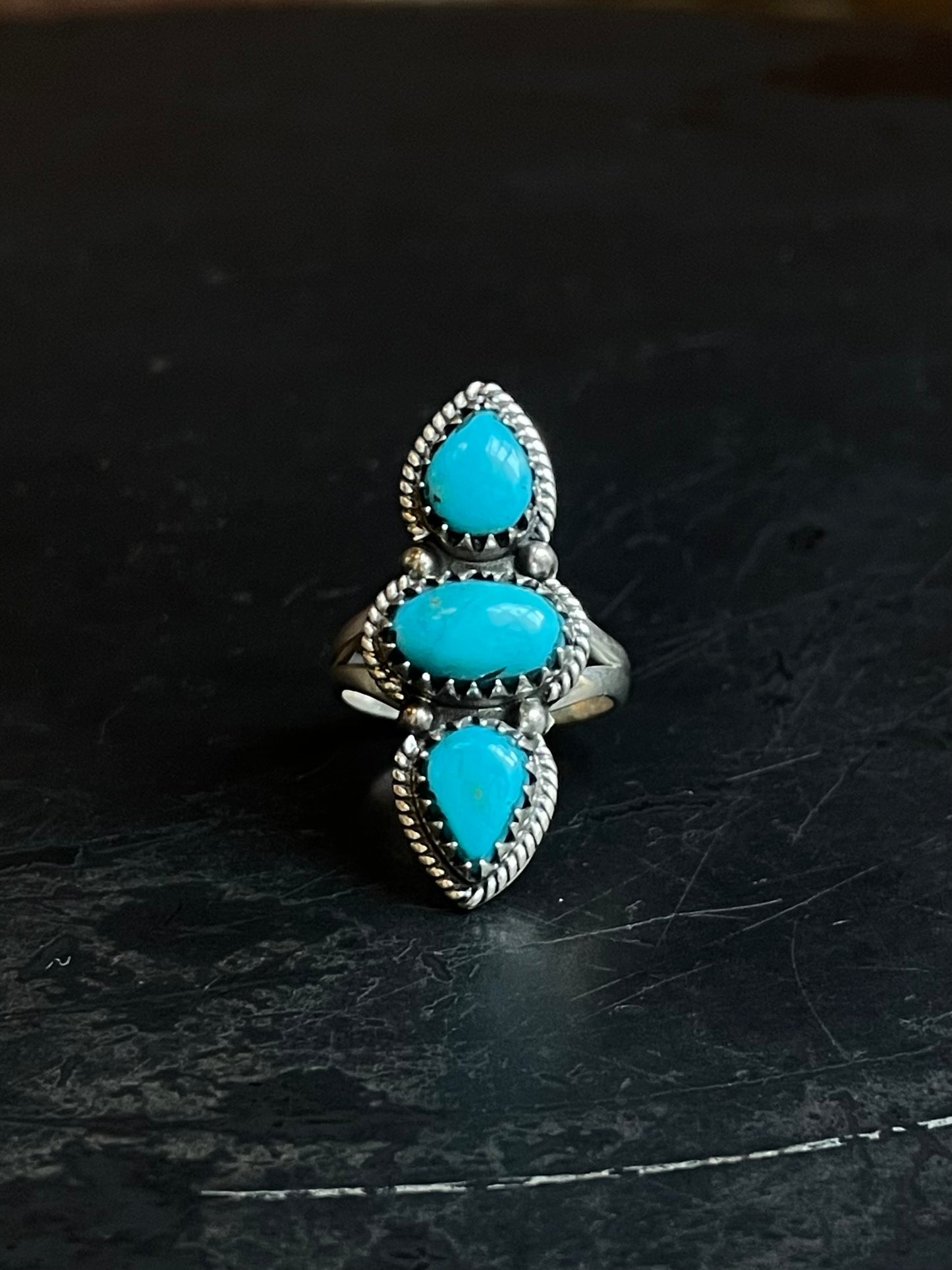 Turquoise Triple Stone Ring | 925 Sterling Silver Size 7 E482