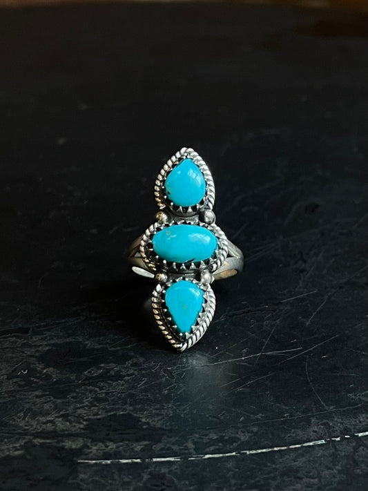 Turquoise Triple Stone Ring | 925 Sterling Silver Size 7 E482