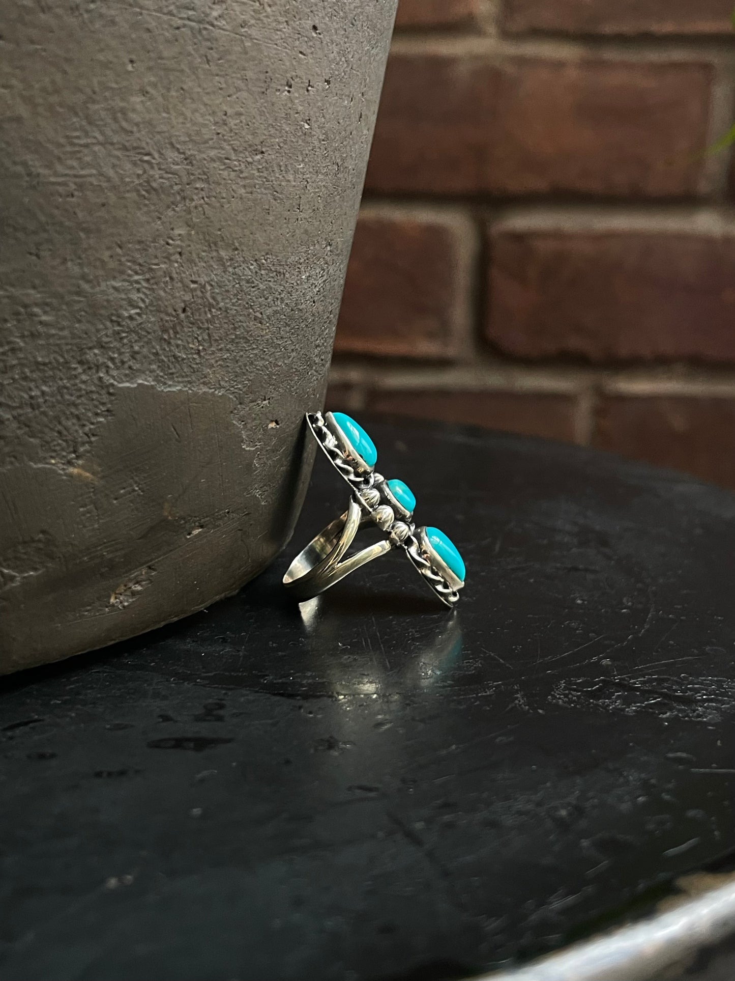 Kingman Turquoise Triple Stone Ring Size 7.5 | 925 Sterling Silver Southwest E209