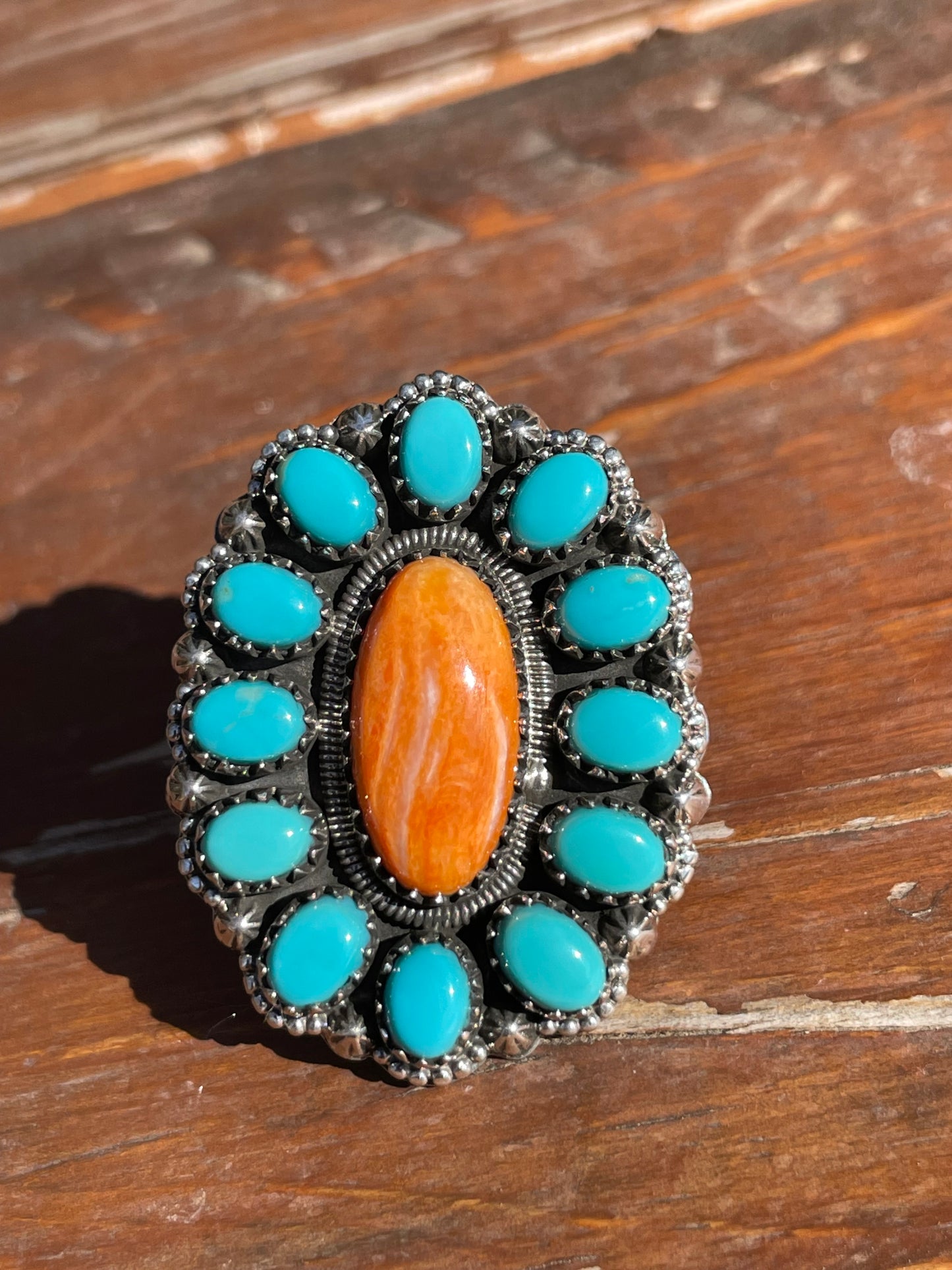 Spiny Oyster Kingman Turquoise Cluster Ring Size 7 | 925 Sterling Silver D105