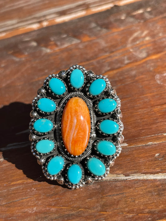 Spiny Oyster Kingman Turquoise Cluster Ring Size 7 | 925 Sterling Silver D105