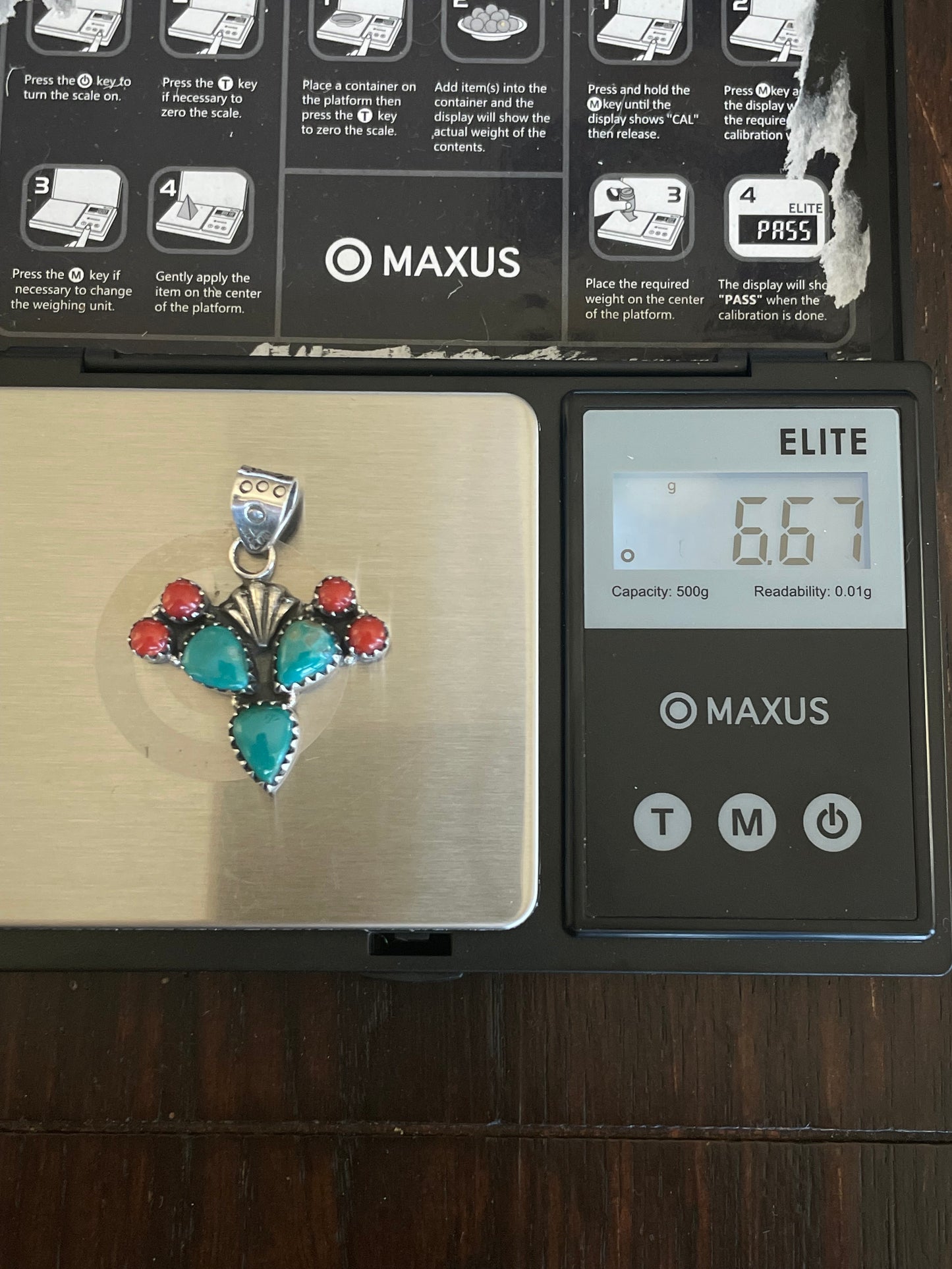 Turquoise Coral Cactus Cross Pendant | Sterling Silver E699