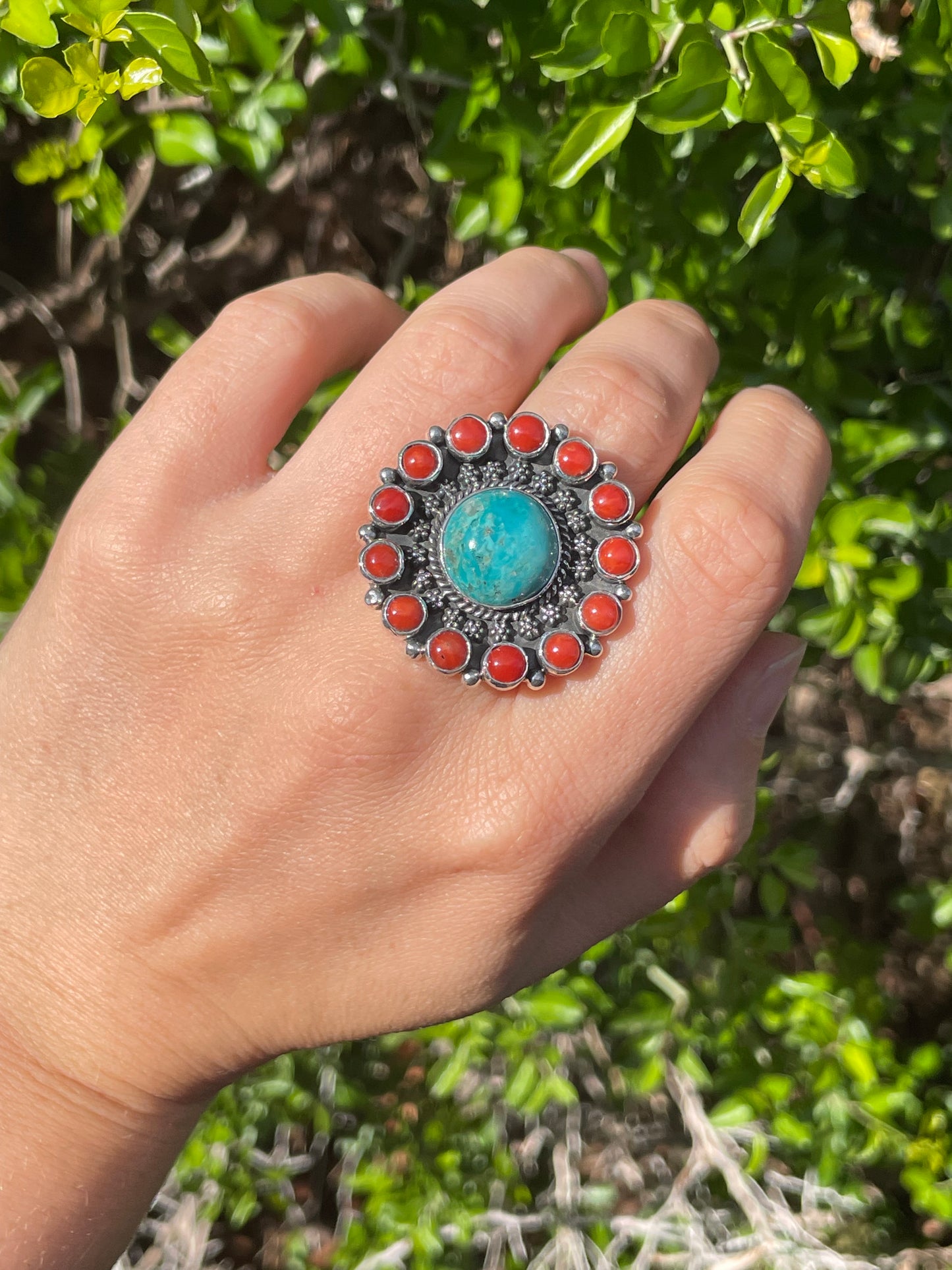 Turquoise & Coral Flower Ring Size 7 | 925 Sterling Silver B566
