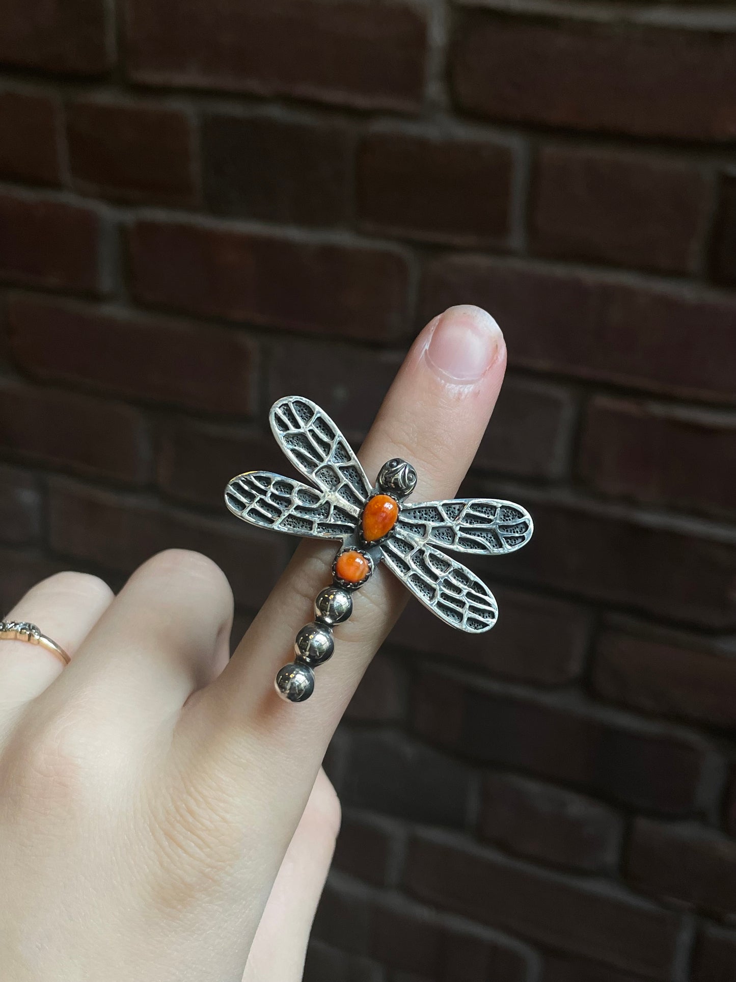 Coral & Spiny Dragonfly Ring | Sterling Silver | Handmade Size 7 C921