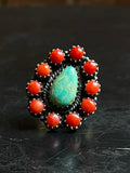 Kingman Turquoise Coral Cluster Ring | Sterling Silver | Size 8 | A177