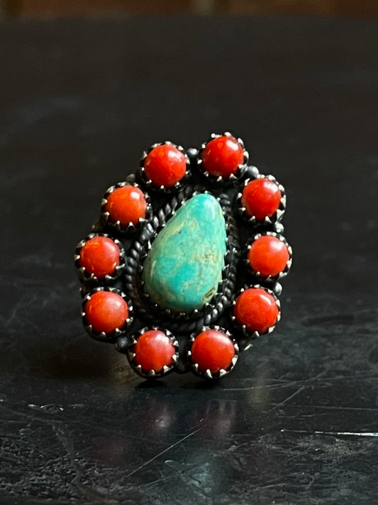 Kingman Turquoise Coral Cluster Ring | Sterling Silver | Size 8 | A177
