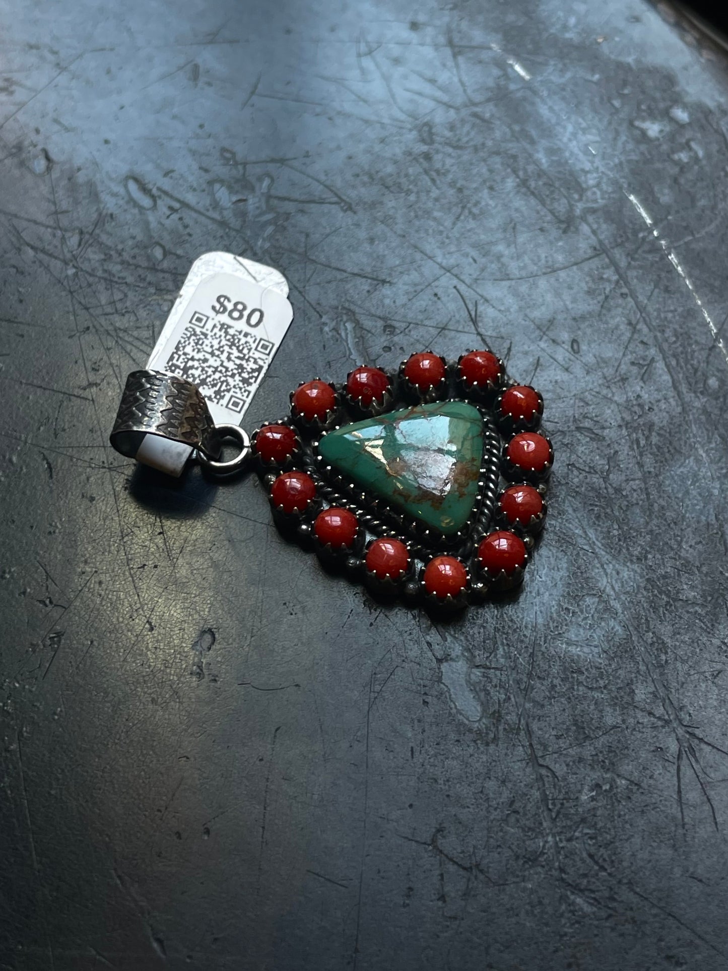 Kingman Turquoise Coral Cluster Pendant | Sterling Silver | A525