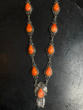 Orange Spiny Oyster Lariat Necklace | Floral Drop with Butterfly | 925 Sterling Silver E595