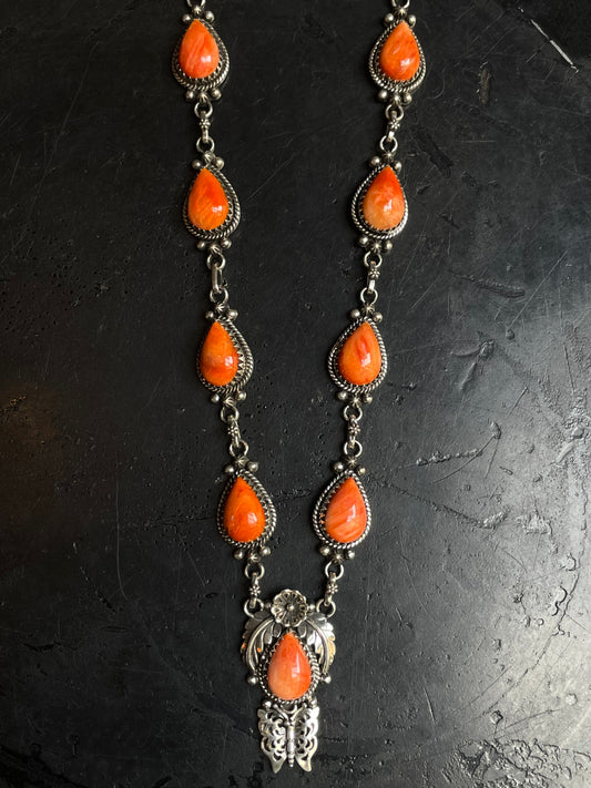 Orange Spiny Oyster Lariat Necklace | Floral Drop with Butterfly | 925 Sterling Silver E595