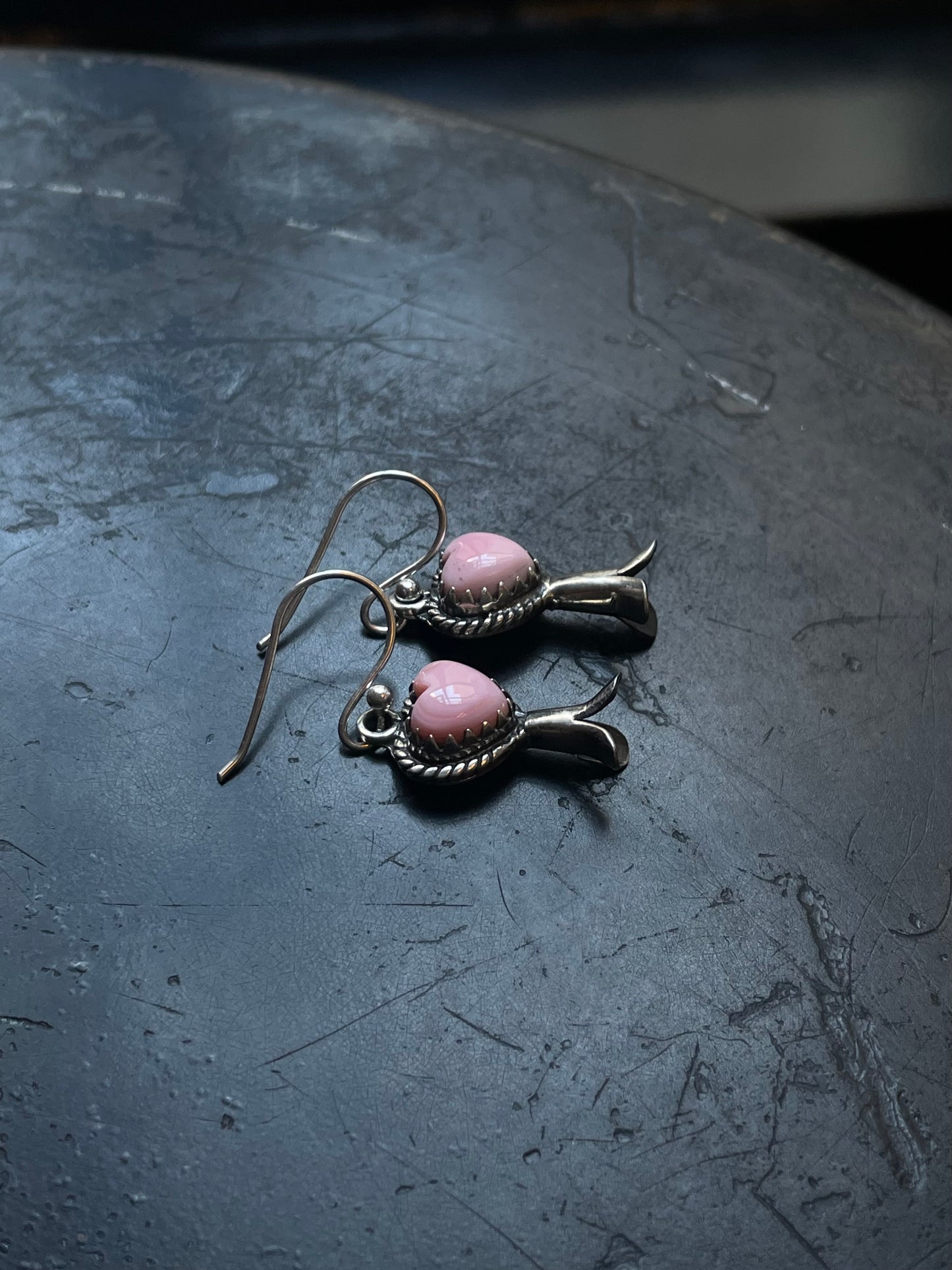 Pink Conch Squash Blossom Earrings | Heart Drop Hook E678