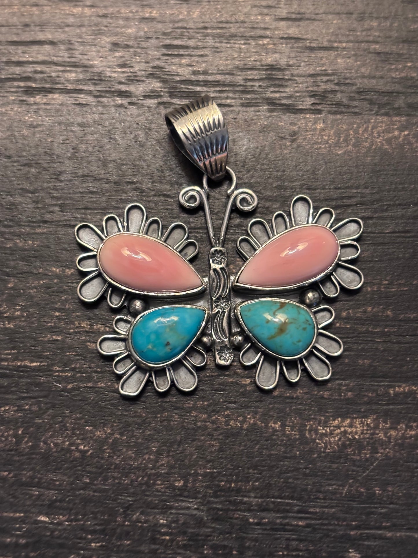 Pink Conch Turquoise Butterfly Pendant | 925 Sterling Silver A117