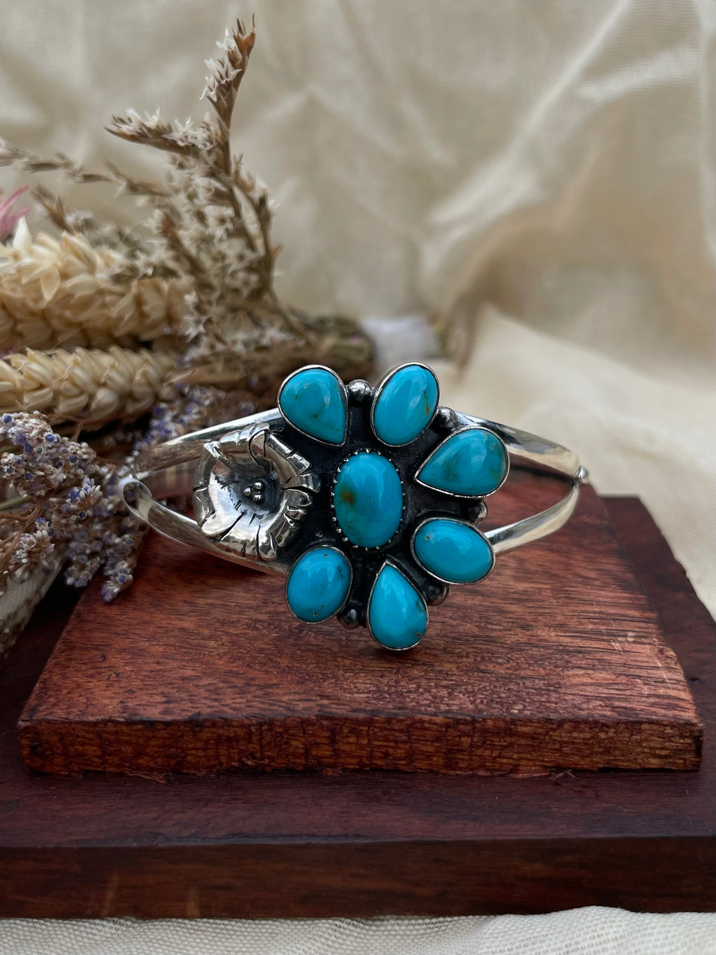 Turquoise Floral Cuff Bracelet | 925 Sterling Silver D278