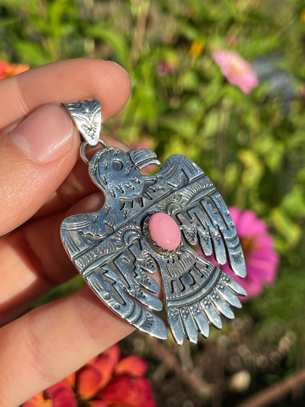 Pink Conch Thunderbird Pendant | Handcrafted Sterling Silver 925 B489
