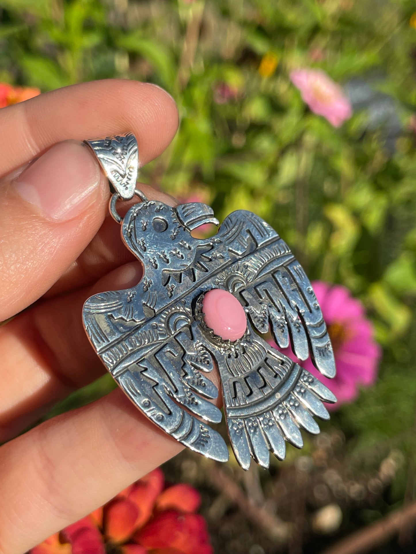 Pink Conch Thunderbird Pendant | Handcrafted Sterling Silver 925 B489