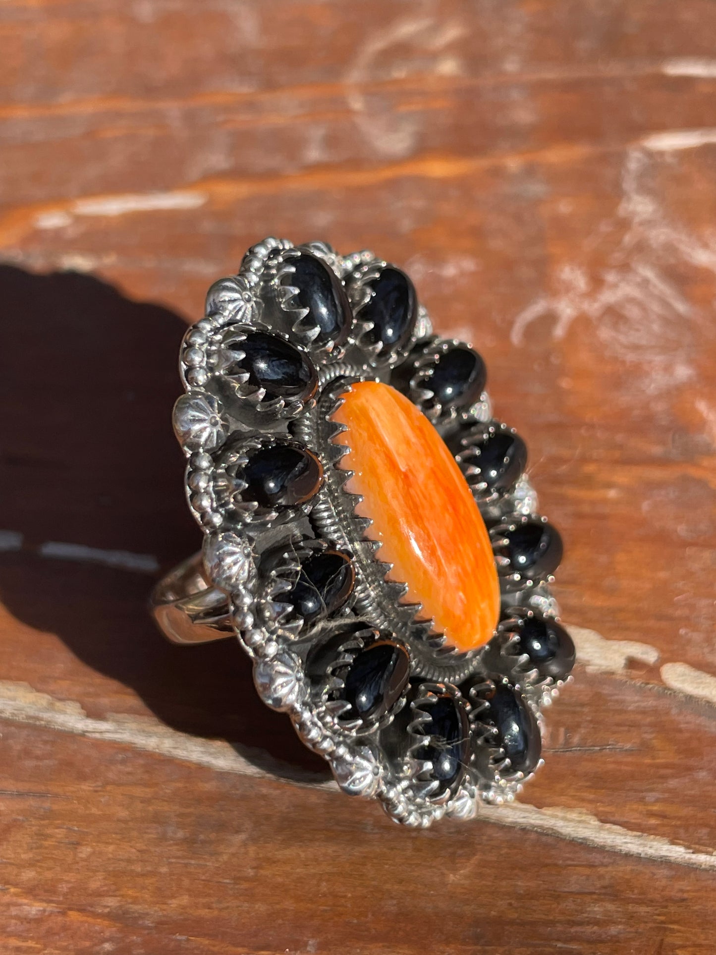Spiny Oyster Black Onyx Cluster Ring Size 8.5 | 925 Sterling Silver D110