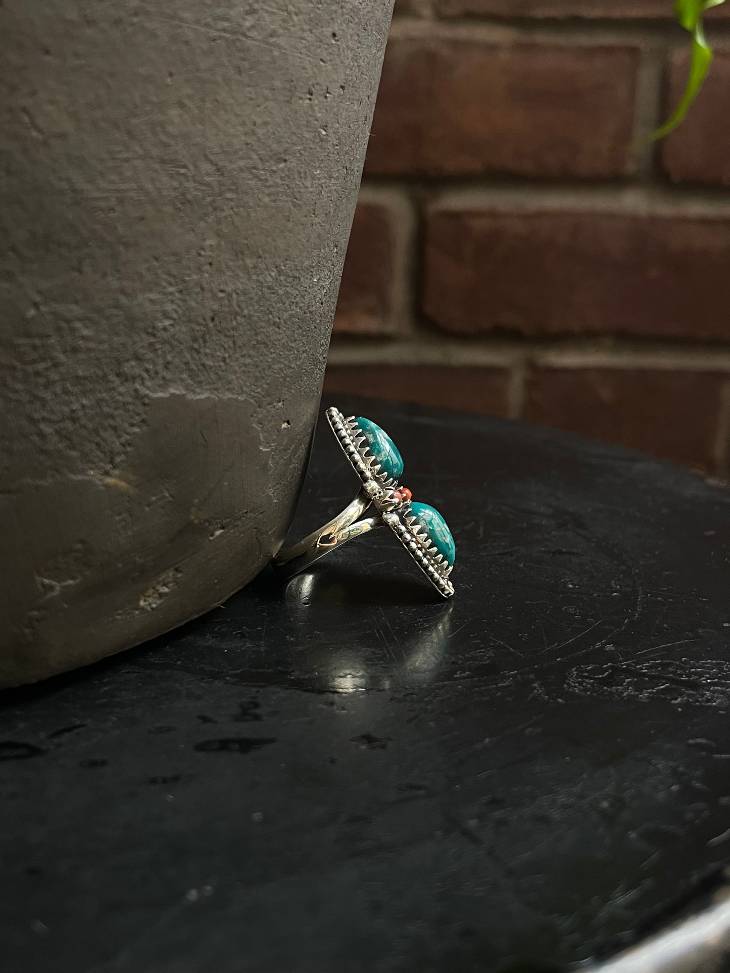 Kingman Turquoise & Coral Ring Size 8.5 | 925 Sterling Silver Southwest E208