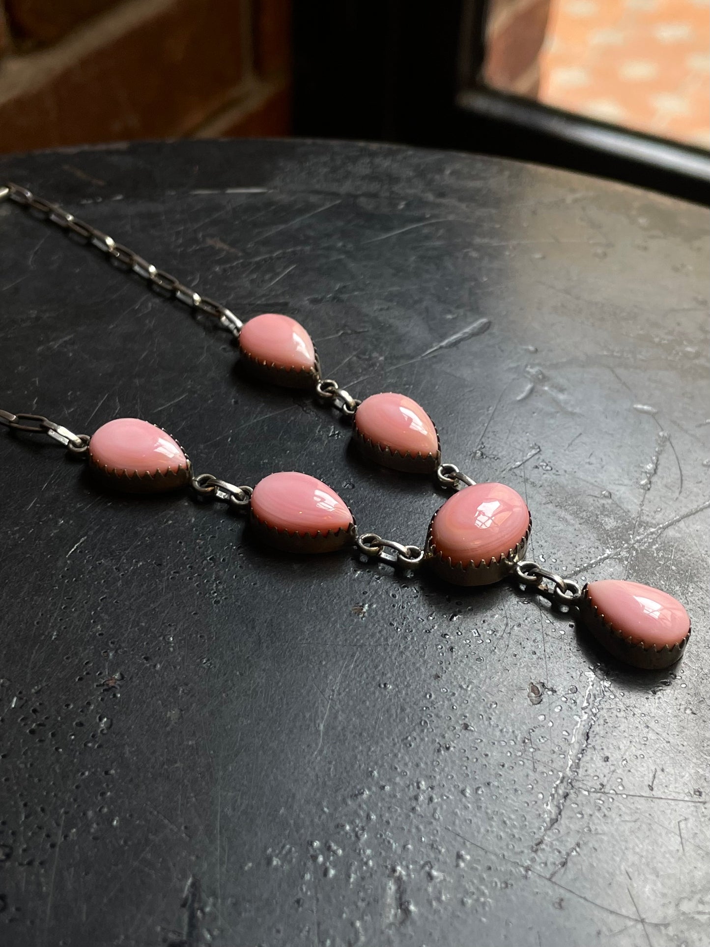 Pink Conch Lariat Necklace | Teardrop Station Drop | 925 Silver E554