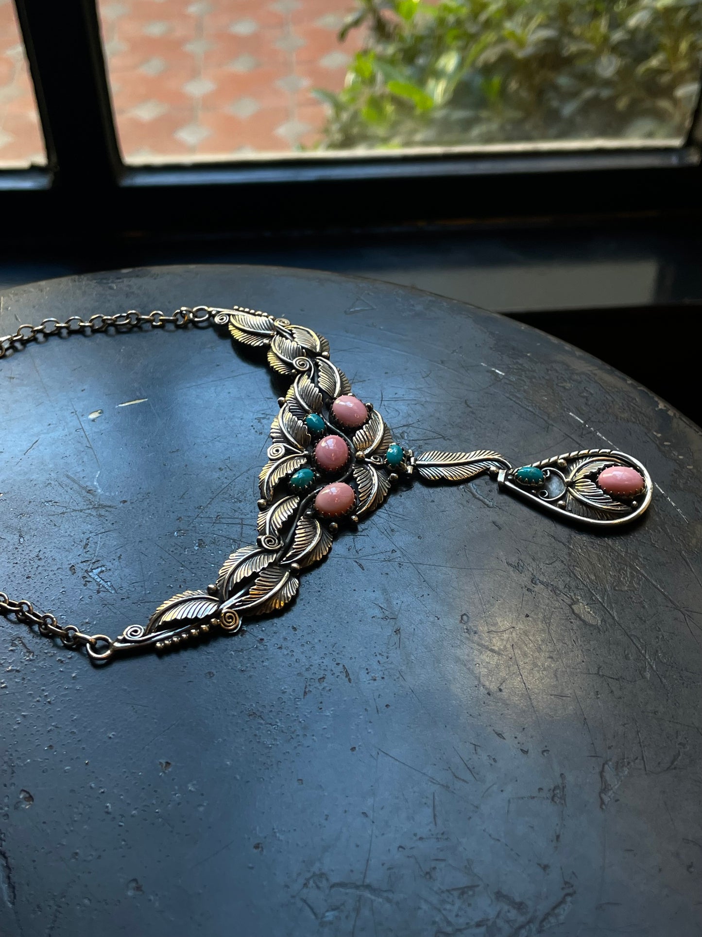 Pink Conch Turquoise Leaf Statement Necklace | Sterling Silver E828