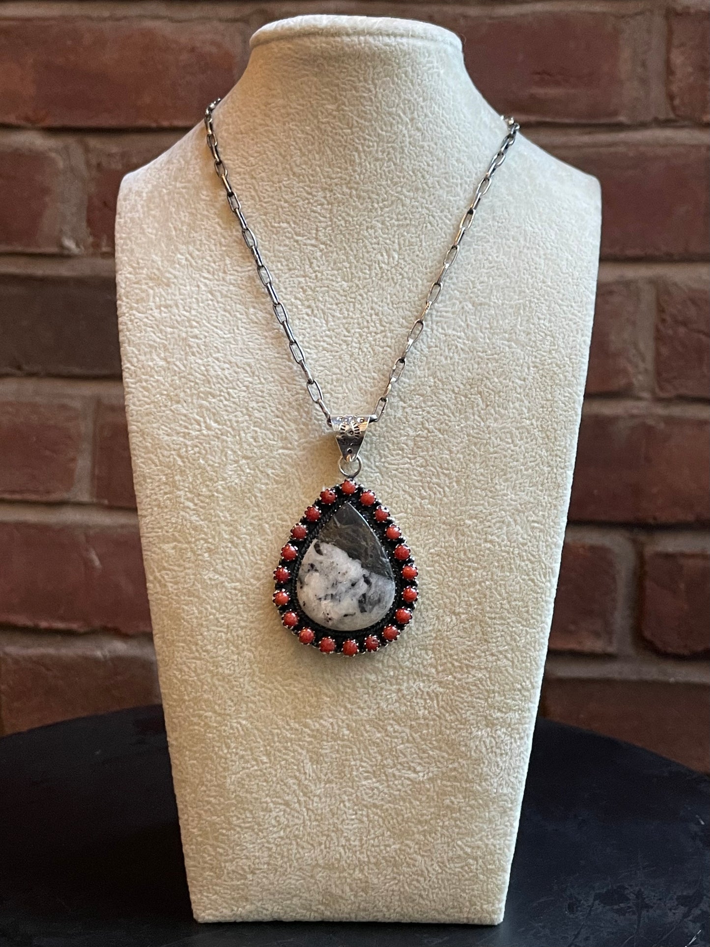 White Buffalo & Red Coral Teardrop Pendant | 925 Sterling Silver E267
