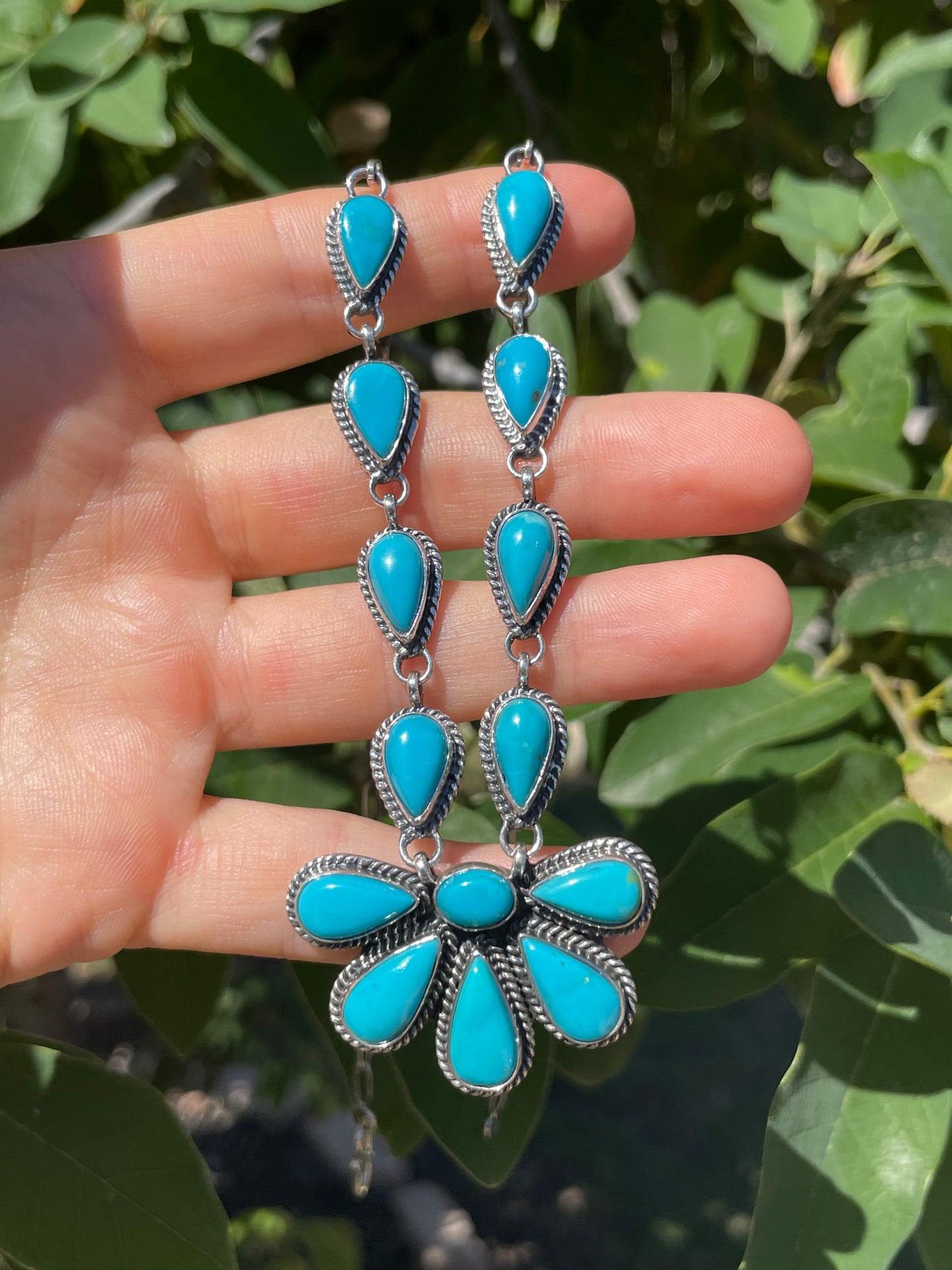 Kingman Turquoise Flower Lariat Necklace | Sterling Silver D133