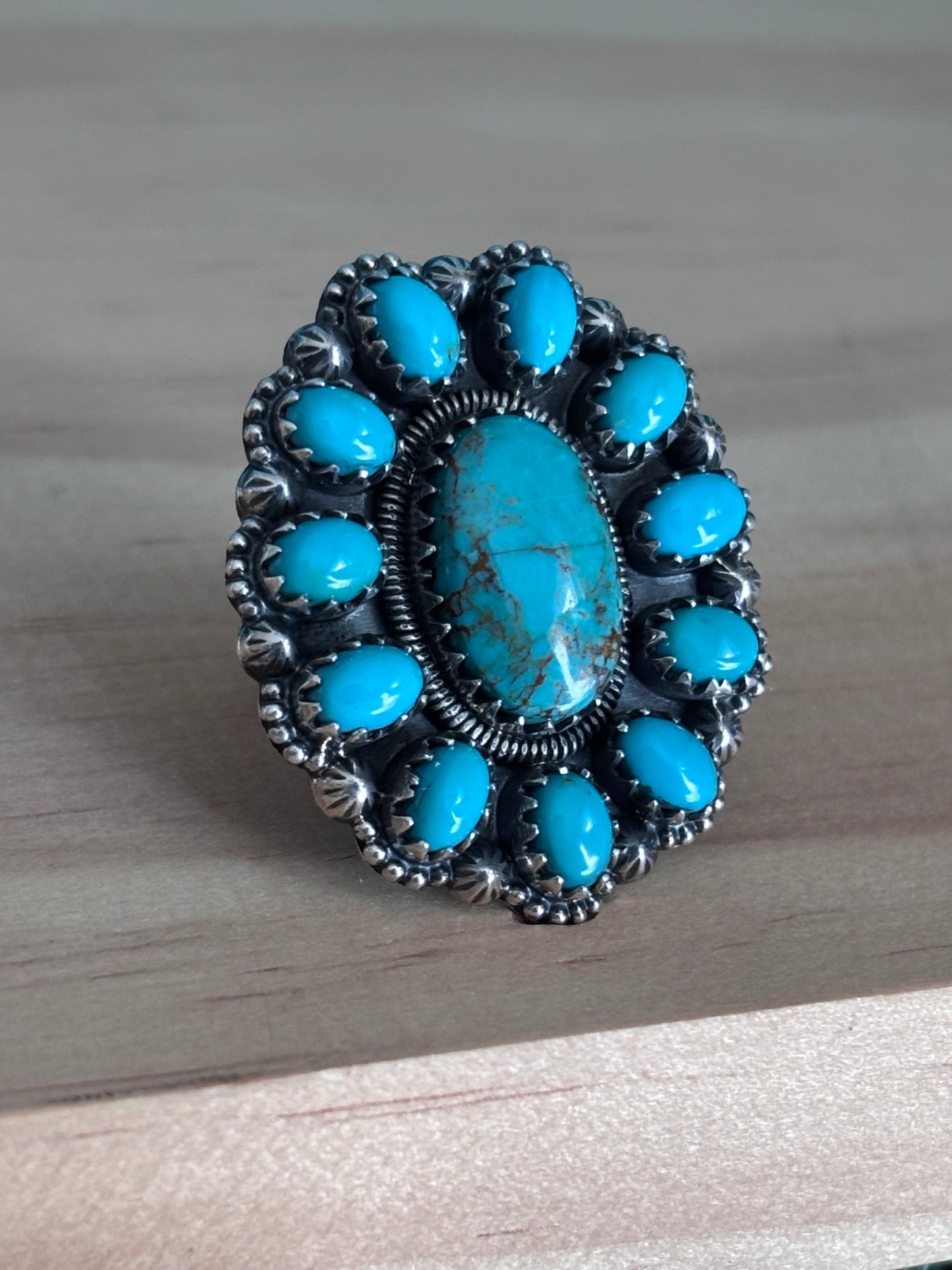 Kingman Turquoise Cluster Ring Size 8 | 925 Sterling Silver