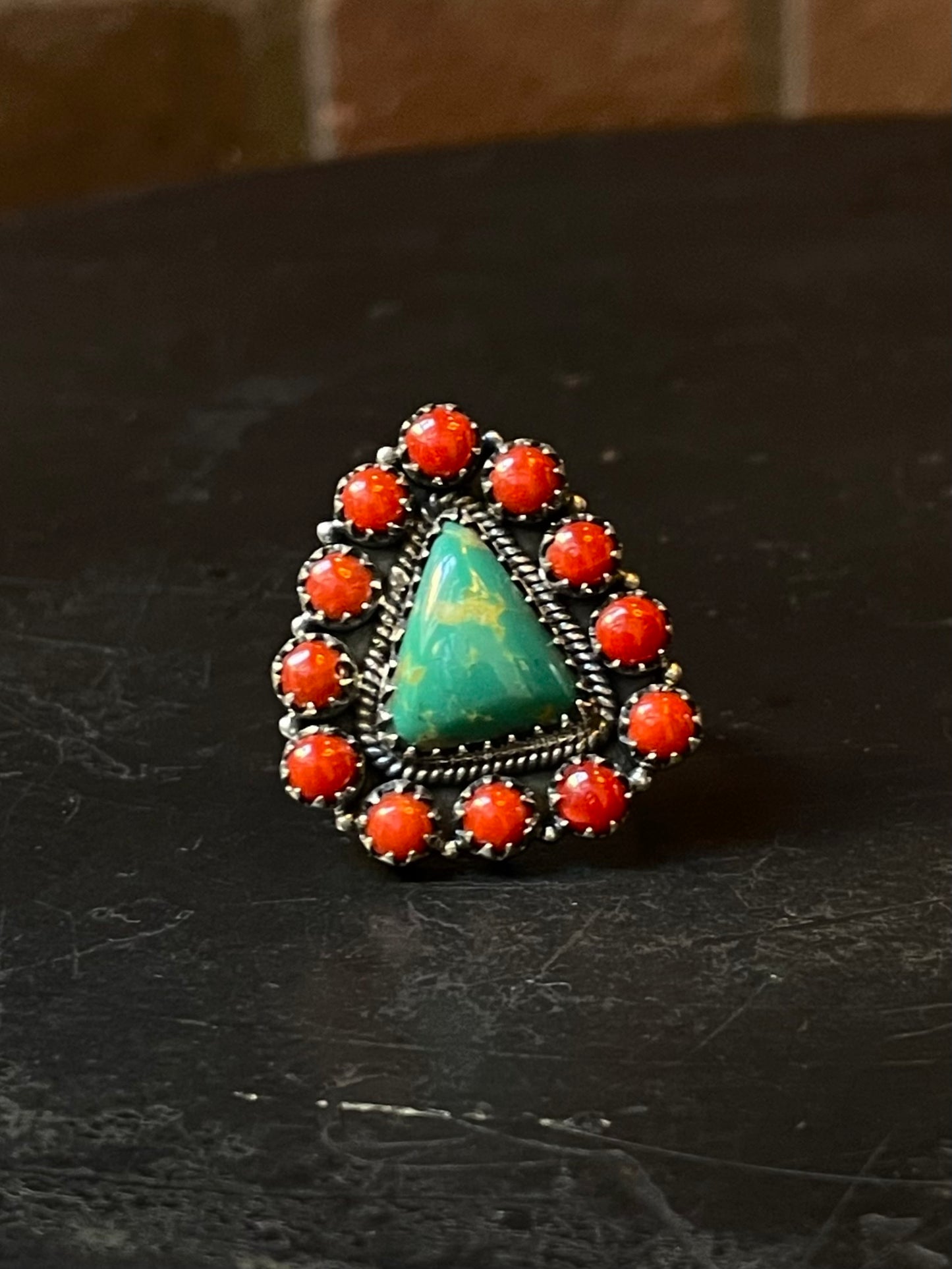 Kingman Turquoise Coral Cluster Ring | Sterling Silver | Size 9 | A206