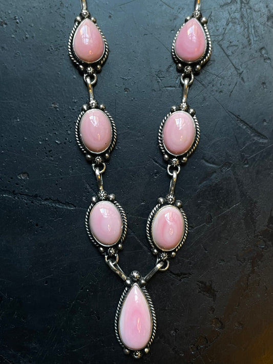 Pink Conch Lariat Necklace | Teardrop Station Drop | 925 Silver E561