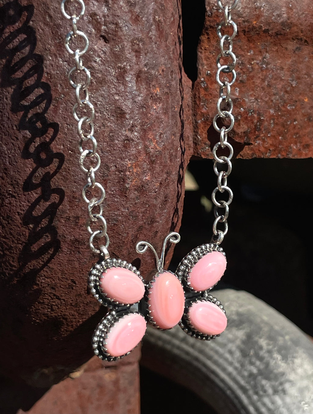 Pink Conch Butterfly Necklace | Cluster Pendant | 925 Silver E579