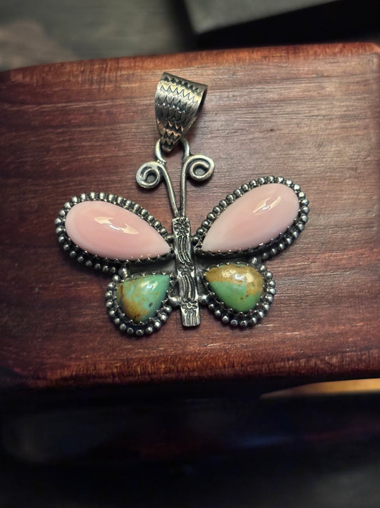 Pink Conch Turquoise Butterfly Pendant | 925 Sterling Silver A096
