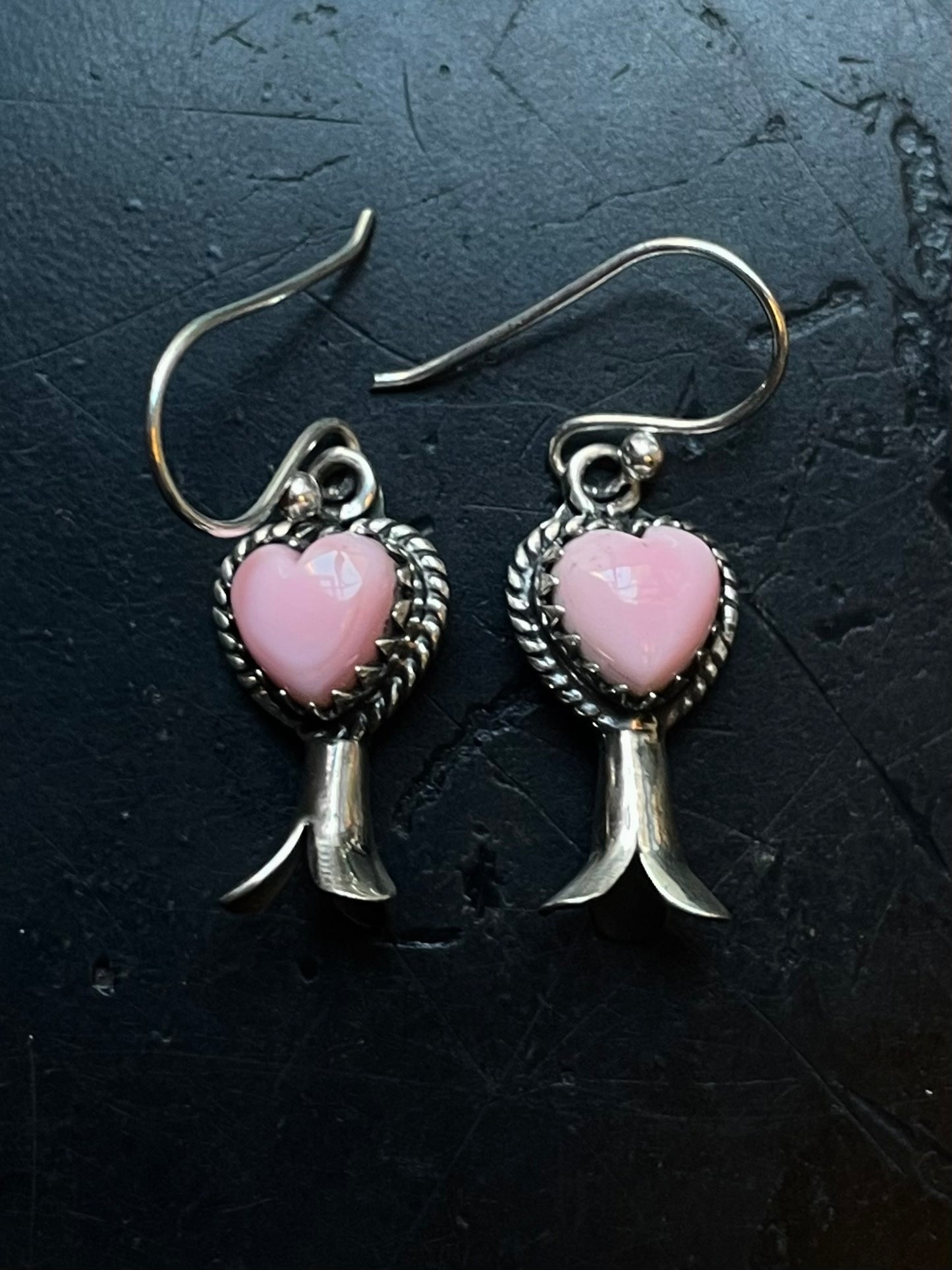 Pink Conch Squash Blossom Earrings | Heart Drop Hook E678