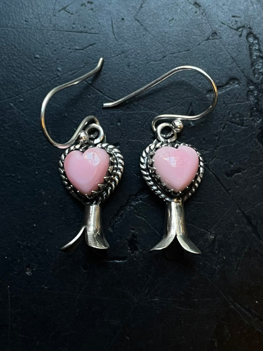 Pink Conch Squash Blossom Earrings | Heart Drop Hook E678