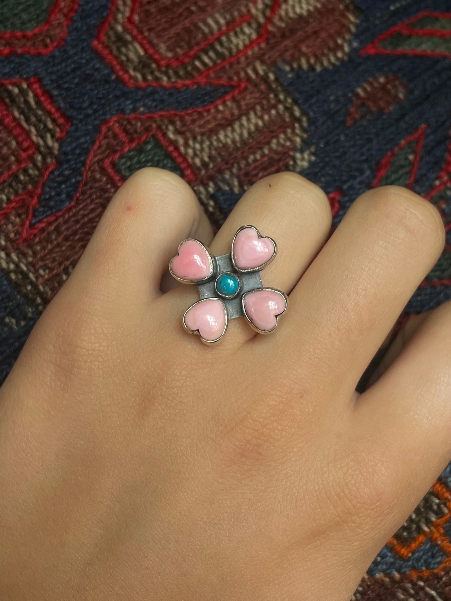 Pink Conch & Turquoise Heart Ring Size 7 | 925 Sterling Silver E996