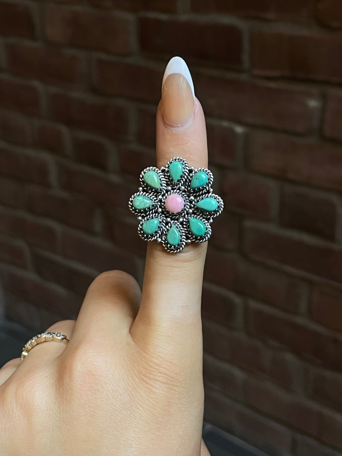 Pink Conch Turquoise Flower Ring Size 7 | Sterling Silver E860