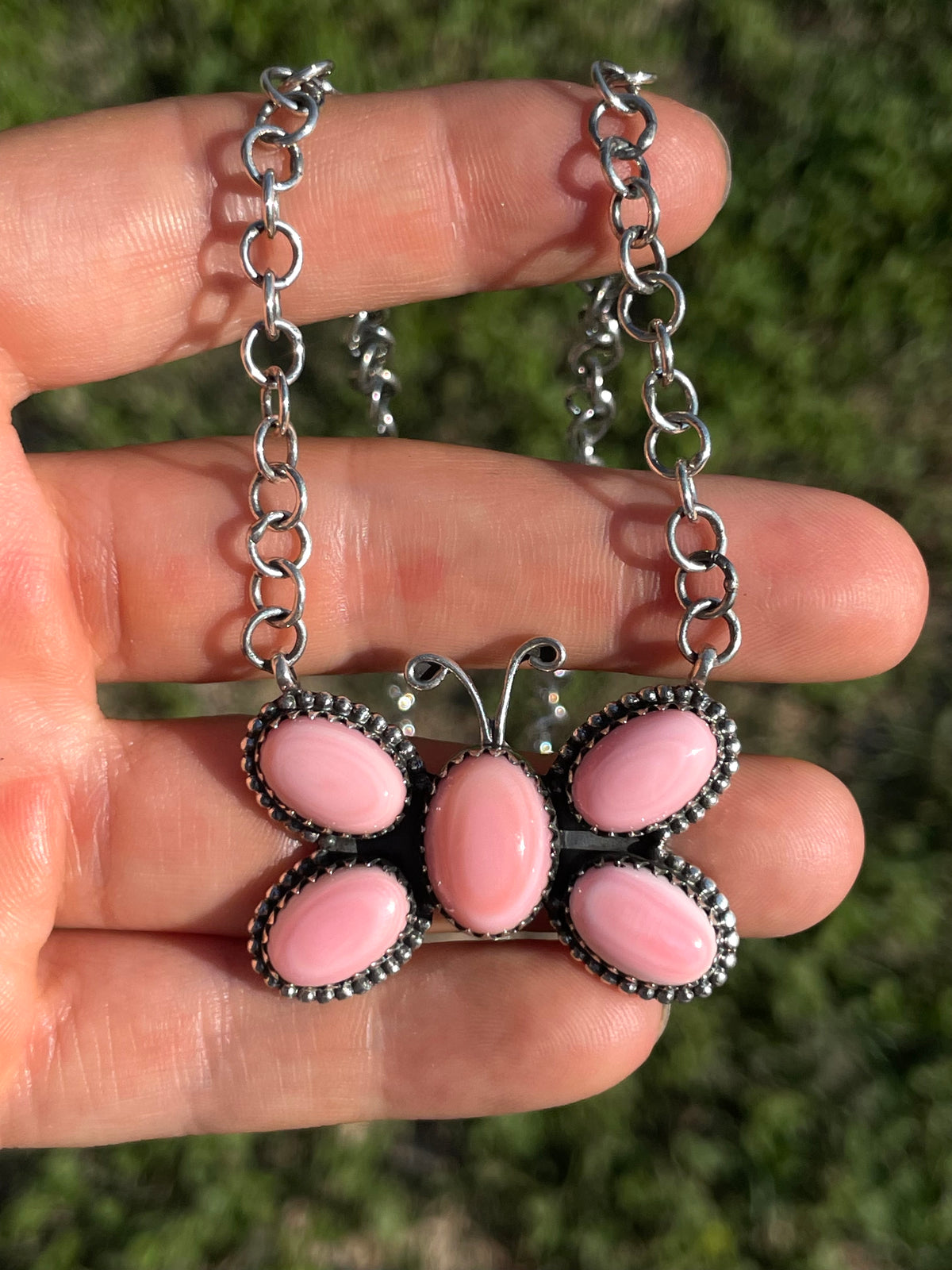Pink Conch Butterfly Necklace | Cluster Pendant | 925 Silver E579