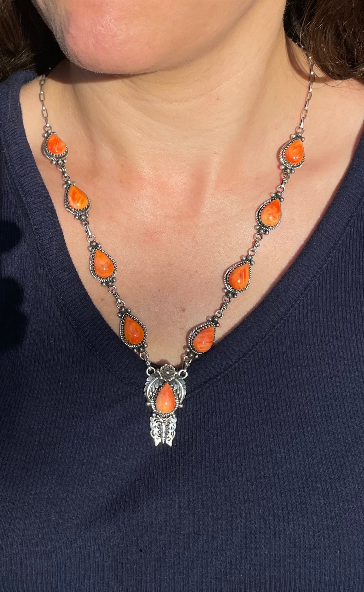 Orange Spiny Oyster Lariat Necklace | Floral Drop with Butterfly | 925 Sterling Silver E595