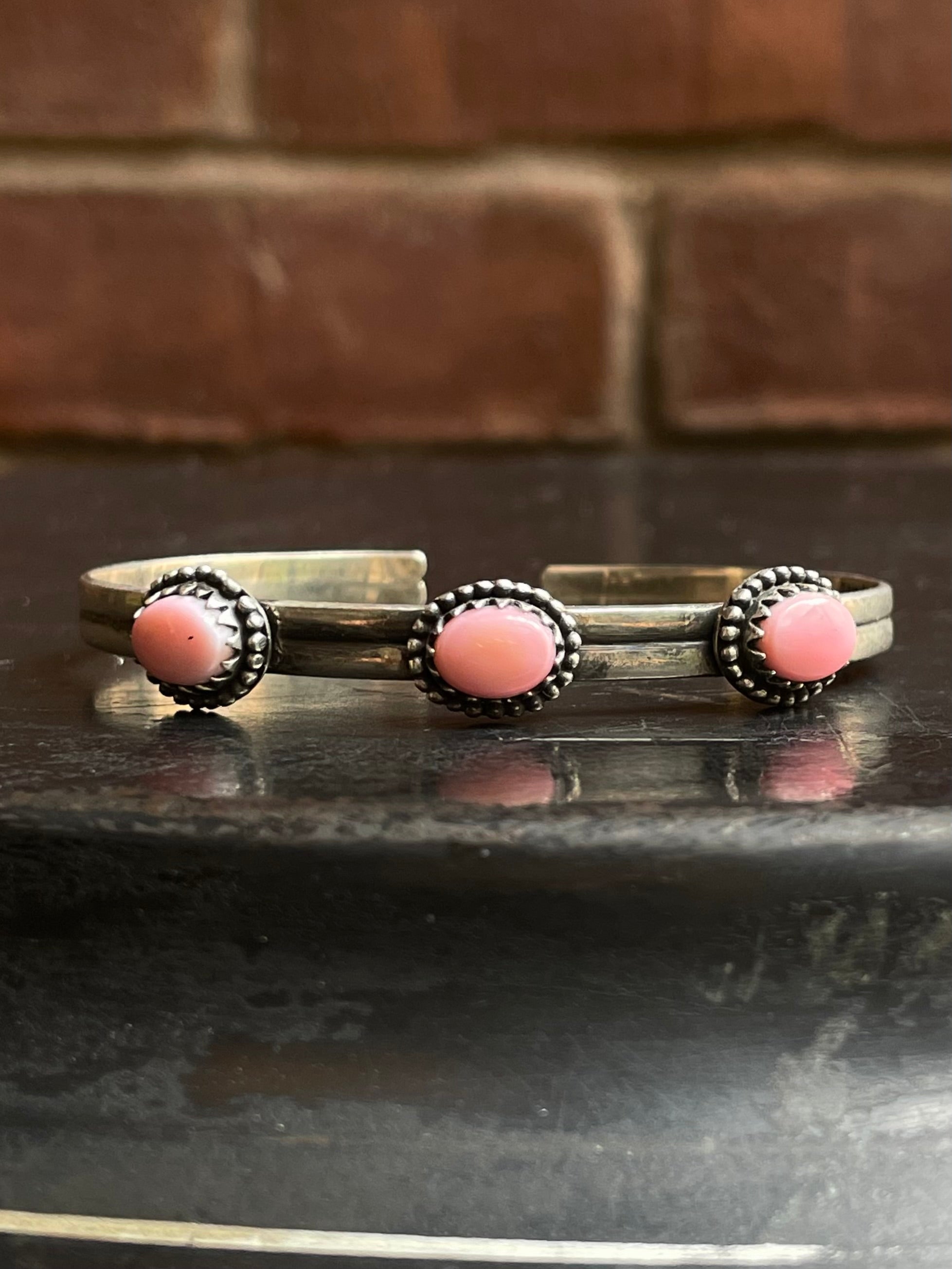 Pink Conch Triple Stone Cuff Bracelet | 925 Sterling Silver E965