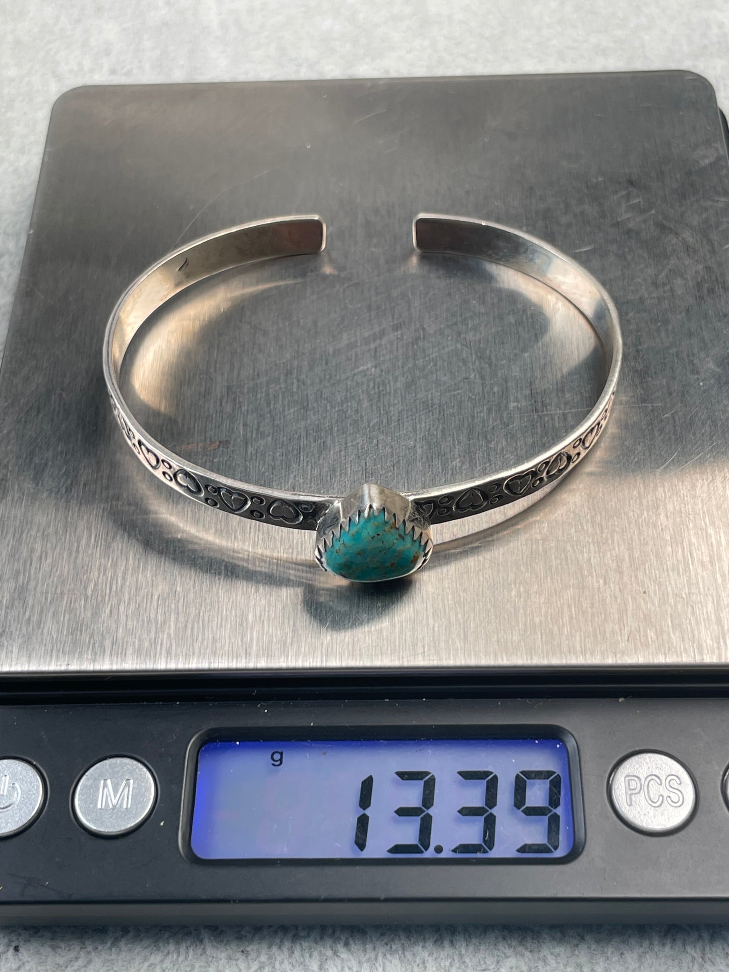Kingman Turquoise Heart Stamped Cuff Bracelet | Sterling Silver D144