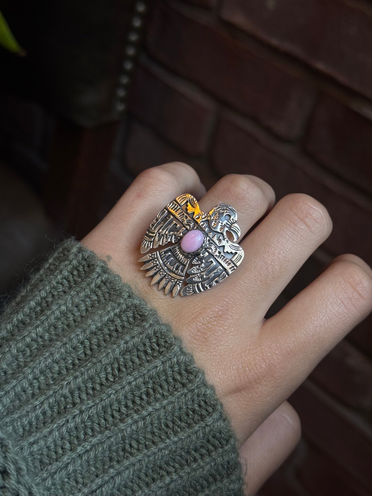 Pink Conch Thunderbird Ring Size 7 | 925 Sterling Silver C429