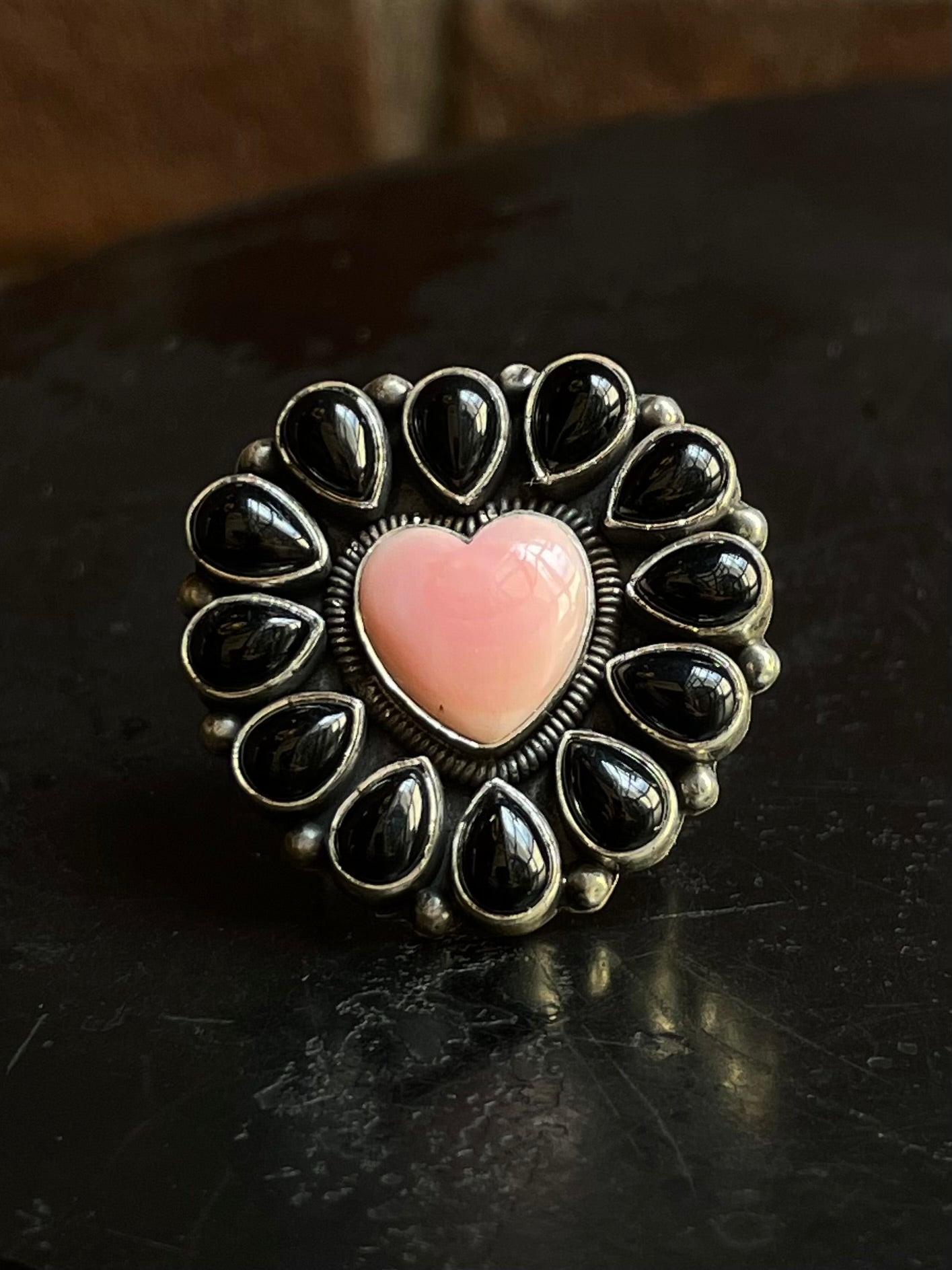 Black Onyx & Pink Conch Flower Ring | 925 Sterling Silver Size 9 G569