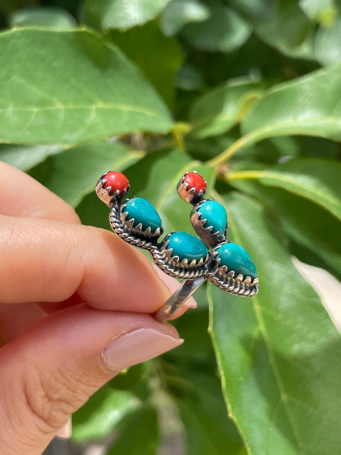 Kingman Turquoise & Coral Cactus Ring Size 6 | 925 Sterling Silver D181