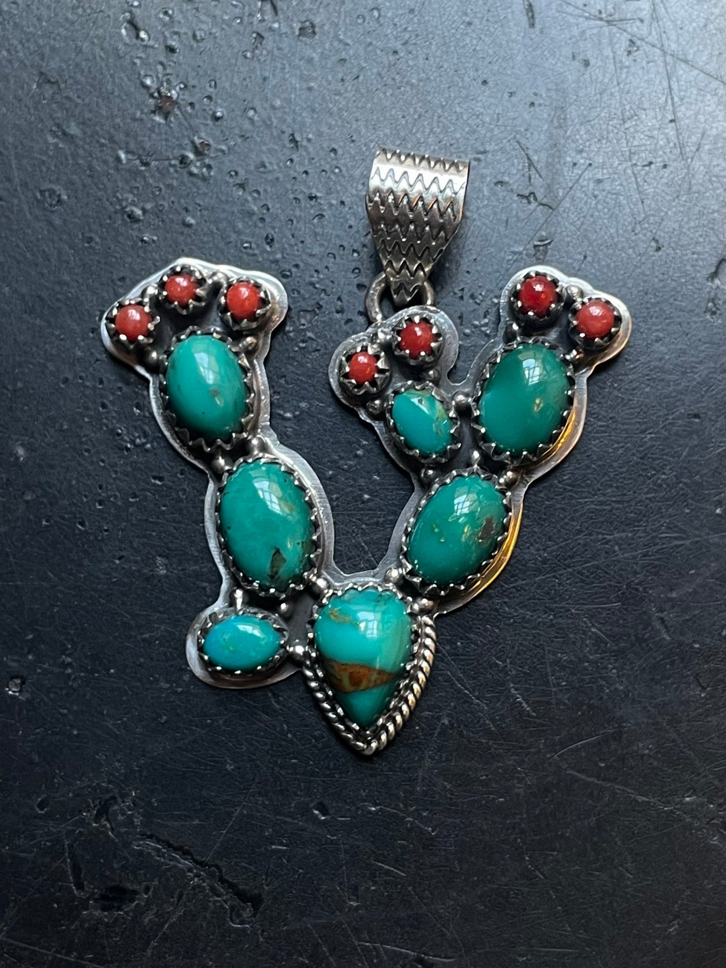 Kingman Turquoise Coral Cactus Pendant | Sterling Silver E928