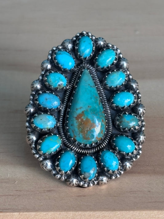Kingman Turquoise Cluster Ring Size 6 | 925 Sterling Silver